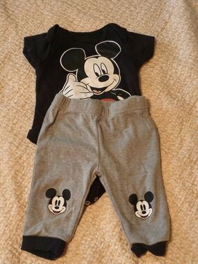 Disney Baby Black Mickey Mouse Bodysuit with Gray Mickey Sweatpants